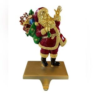 Vintage Gold & Red Santa Claus Stocking Hanger Holder Cast Iron Christmas Decor